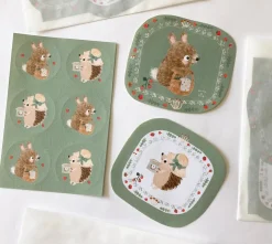 Cottontails Baby Stickers & Stationery | Bunny Cards & Stationery*Handmade Paper Stickers - Hedgehog & Bunny