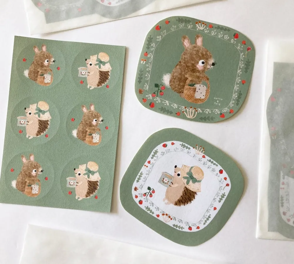 Cottontails Baby Stickers & Stationery | Bunny Cards & Stationery*Handmade Paper Stickers - Hedgehog & Bunny