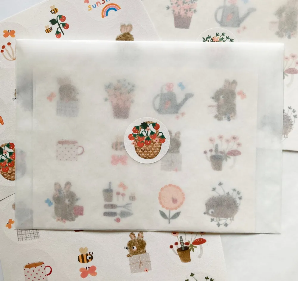 Cottontails Baby Stickers & Stationery | Bunny Cards & Stationery*Handmade Paper Stickers - Gardening Bunnies