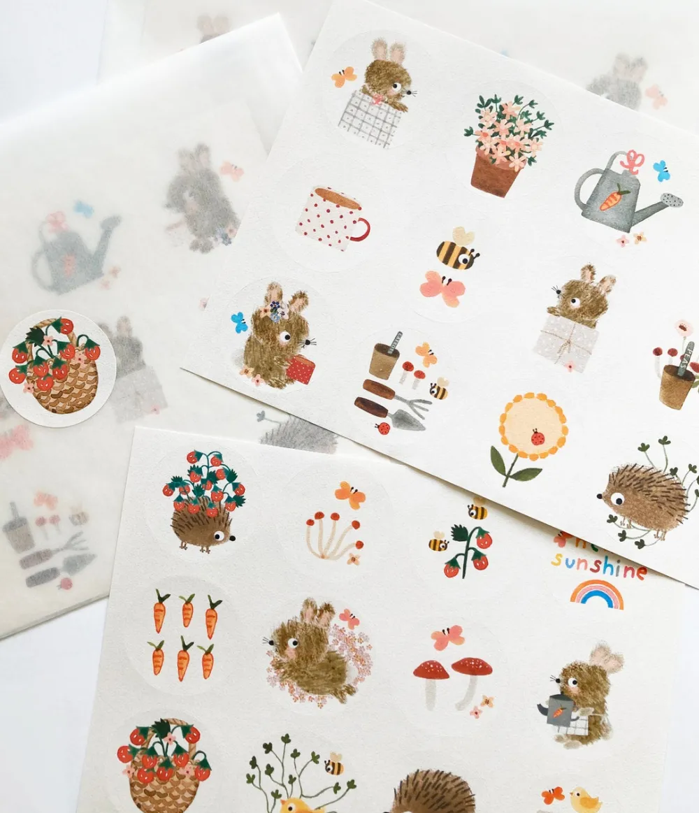 Cottontails Baby Stickers & Stationery | Bunny Cards & Stationery*Handmade Paper Stickers - Gardening Bunnies