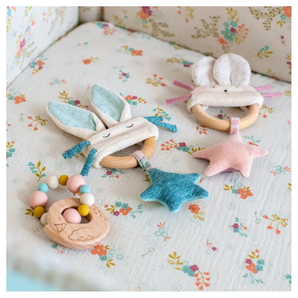 Cottontails Baby Bunnies For Babies | Comforters & Rattles*Moulin Roty wooden ring rattle - blue & cream rabbit