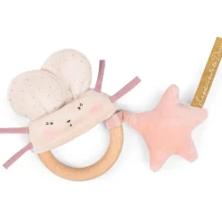 Cottontails Baby Comforters & Rattles*Moulin Roty wooden ring rattle - pink & cream mouse