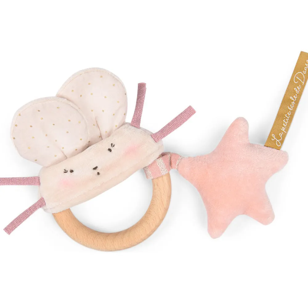 Cottontails Baby Comforters & Rattles*Moulin Roty wooden ring rattle - pink & cream mouse