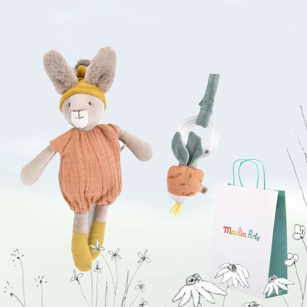 Cottontails Baby Bunnies For Babies | Handpicked Gift Sets*New Baby Gift-wrapped Set - Clay bunny & radish