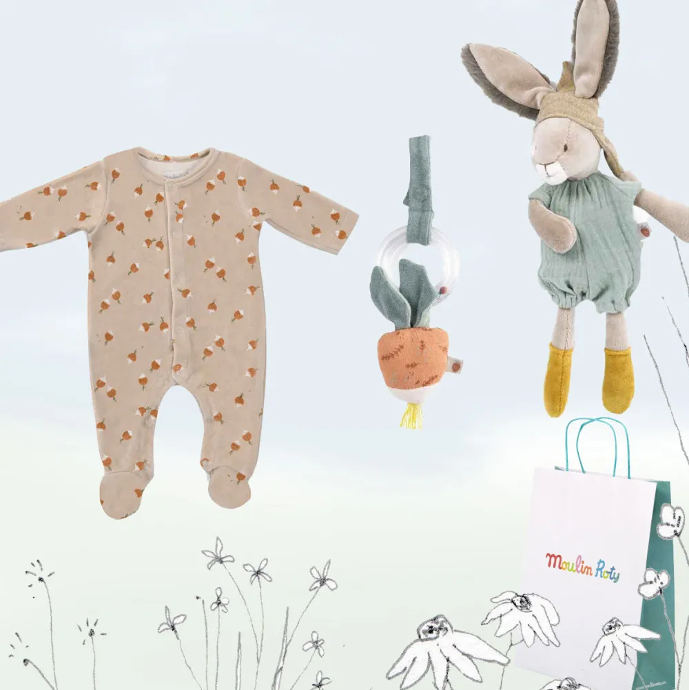 Cottontails Baby Bunnies For Babies | Handpicked Gift Sets*New Baby Gift-wrapped Set - sleep suit, rabbit & radish
