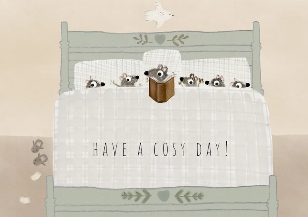 Cottontails Baby Cards*Postcard & Envelope - Mouse Family in Bed / Cosy Day